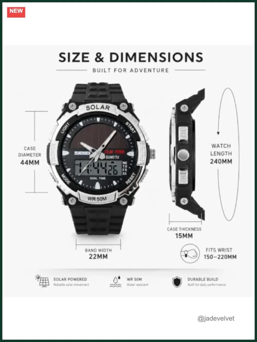 MASTOP Solar Powered Men's Digital Watch 50M Waterproof LED Multifunction